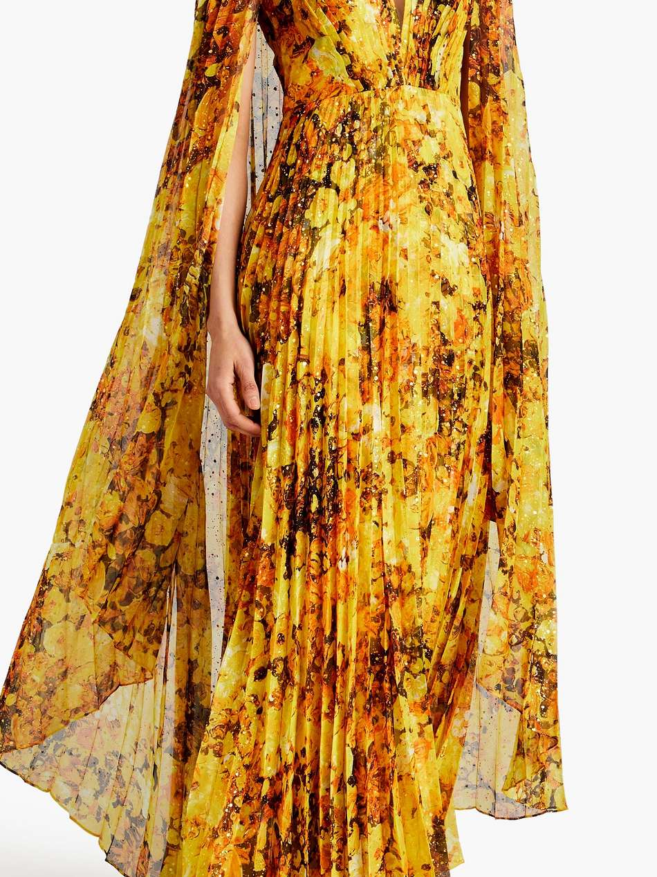 cape-effect pleated floral-print chiffon gown