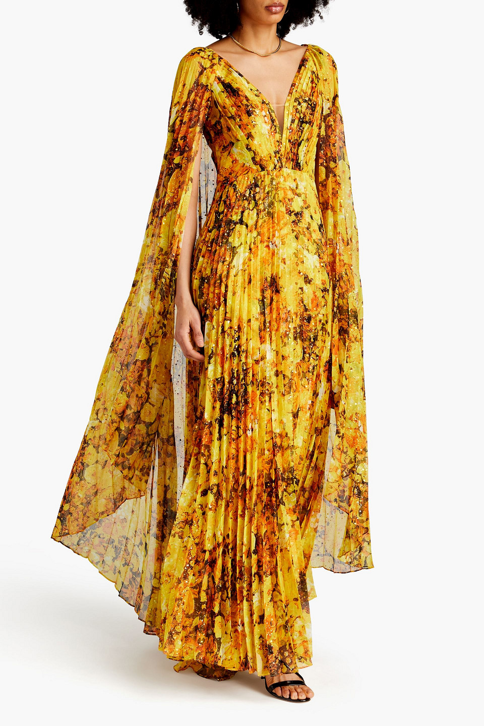 Shop Marchesa Notte Cape-effect Pleated Floral-print Chiffon Gown In Saffron