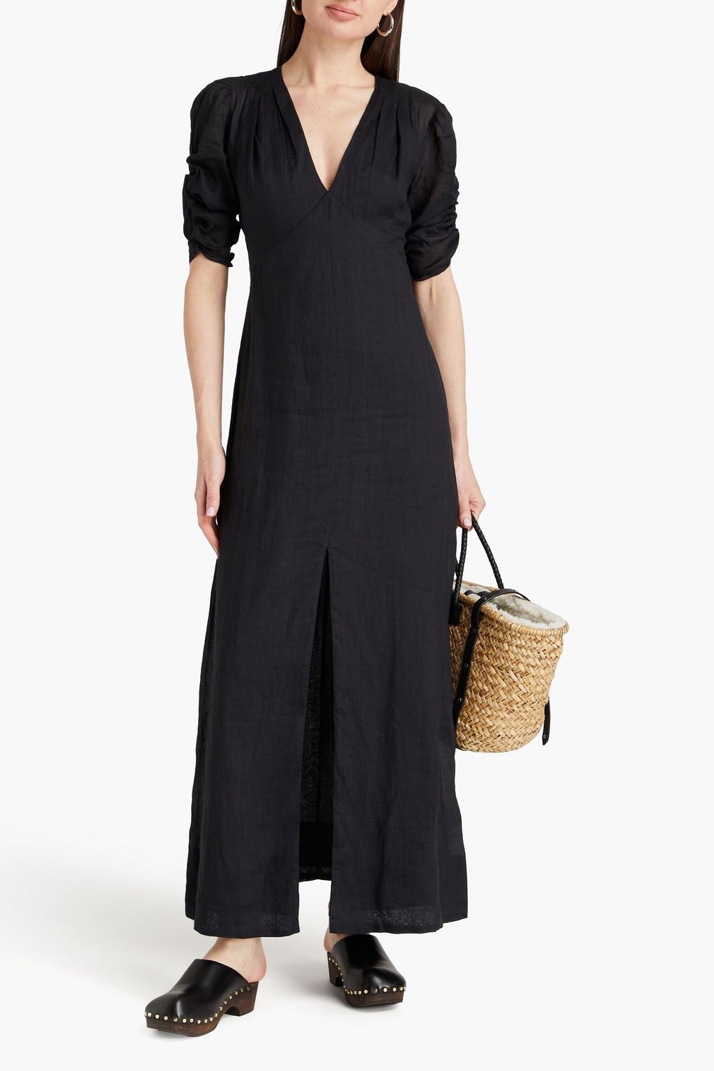 FRAME Gahthered ramie-gauze maxi dress