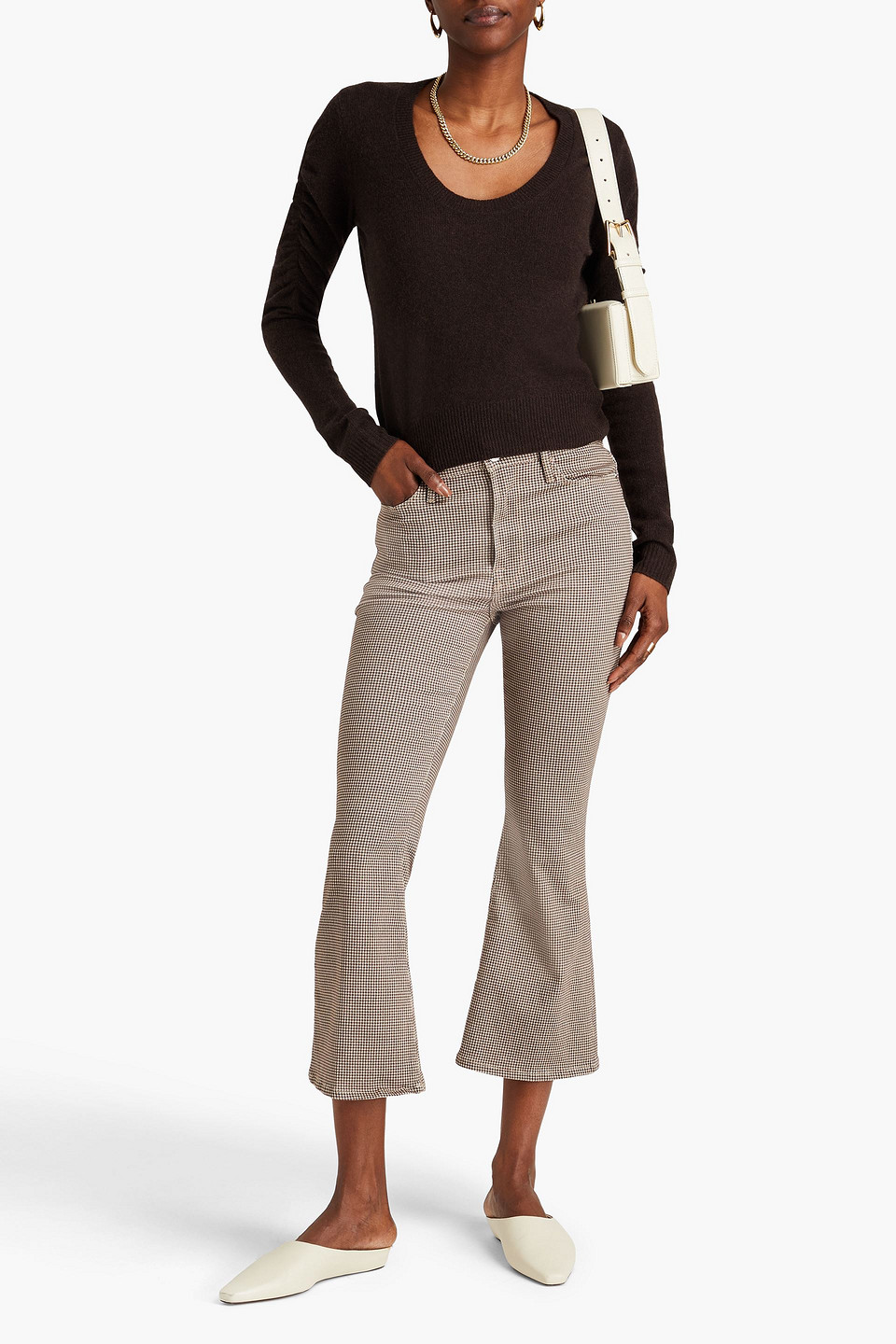 Frame Cropped Houndstooth Cotton-blend Jacquard Kick-flare Pants In Light Brown