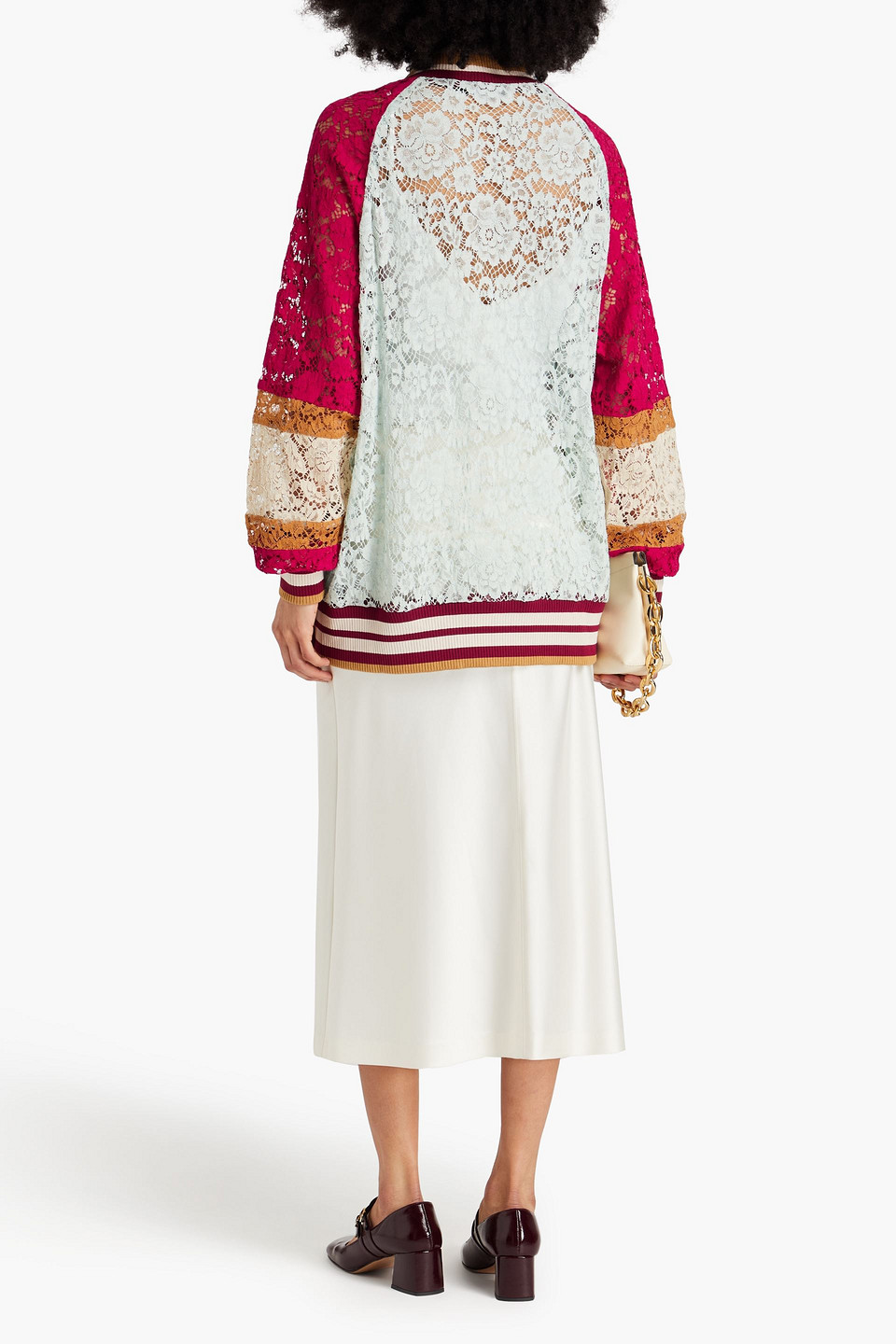 DOLCE & GABBANA APPLIQUÉD COLOR-BLOCK CORDED LACE CARDIGAN