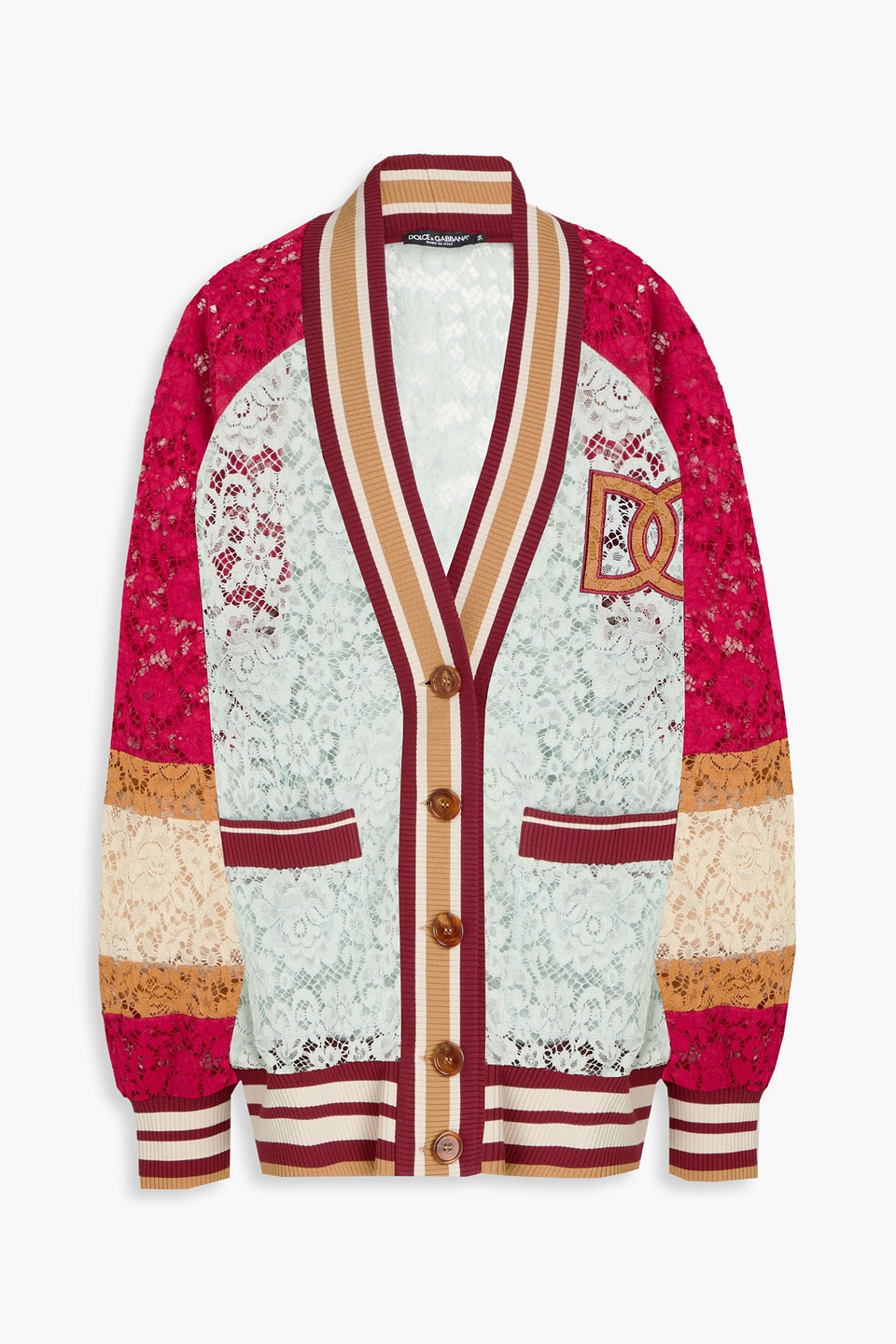 DOLCE & GABBANA APPLIQUÉD COLOR-BLOCK CORDED LACE CARDIGAN