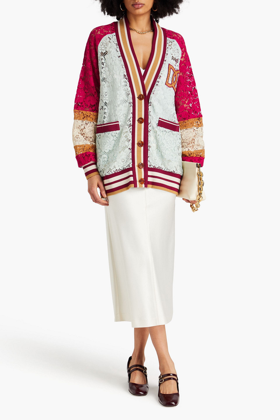 DOLCE & GABBANA APPLIQUÉD COLOR-BLOCK CORDED LACE CARDIGAN
