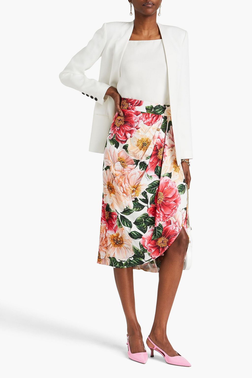 DOLCE&GABBANA Wrap-effect floral-print stretch-crepe midi skirt