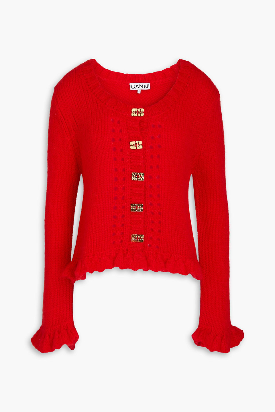 Shop Ganni Ruffled Mohair-blend Cardigan In Tomato Red