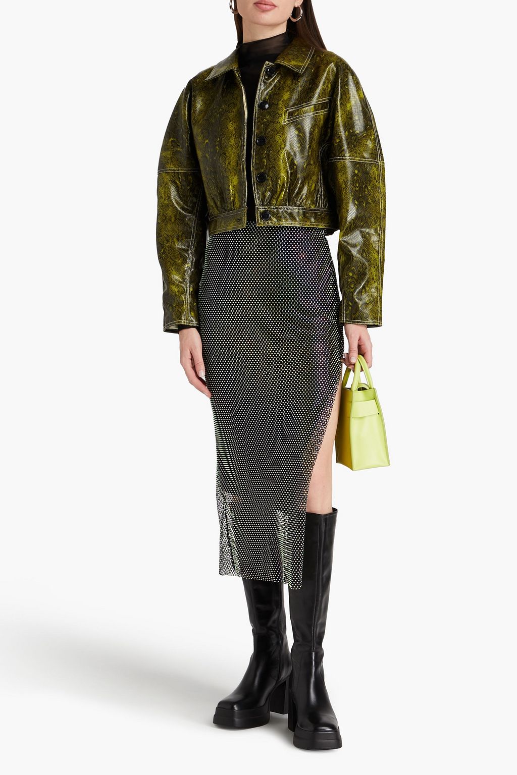 GANNI Cropped faux snake-effect leather jacket