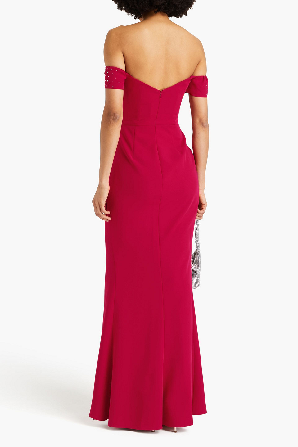 MARCHESA NOTTE OFF-THE-SHOULDER EMBELLISHED CREPE GOWN
