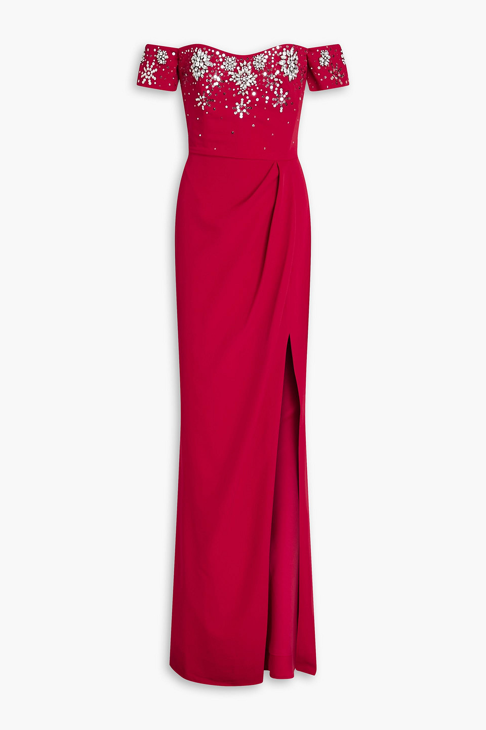 Marchesa Notte Off-the-shoulder Embellished Crepe Gown In Red