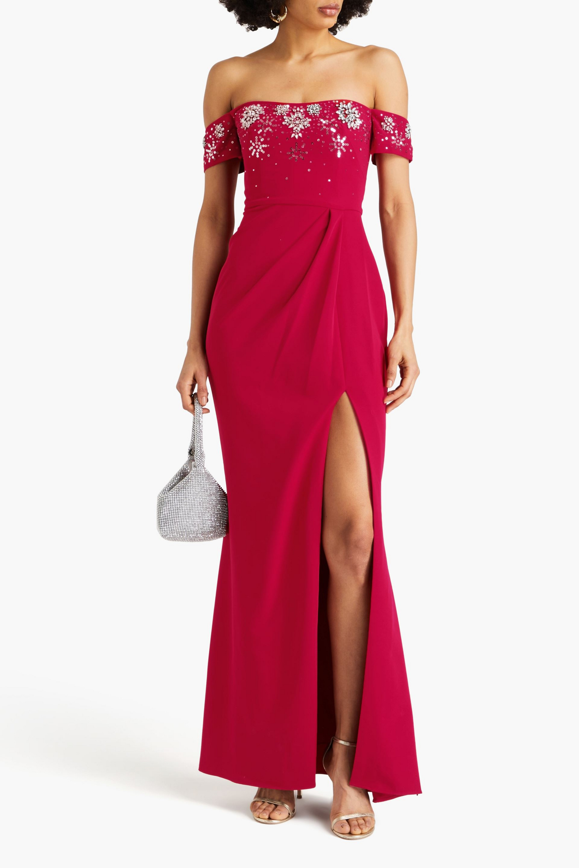 MARCHESA NOTTE Off-the-shoulder embellished crepe gown