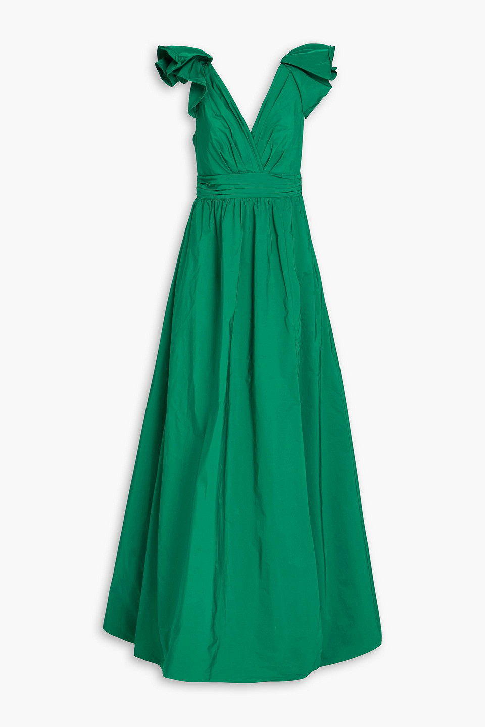 Marchesa Notte Pleated Taffeta Gown In Dark Green