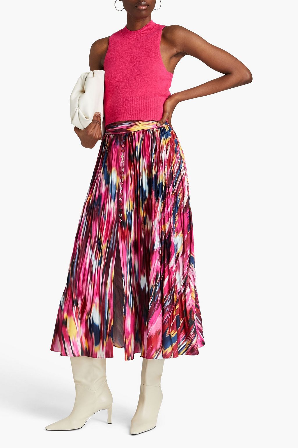 SIMKHAI Dulce printed plissé-satin midi skirt