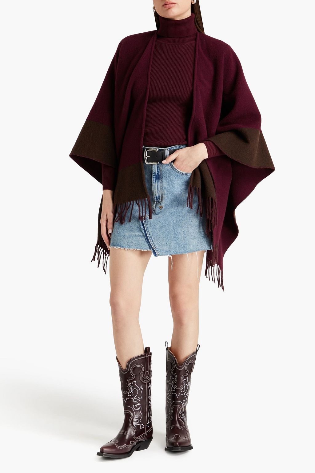 RAG & BONE وشاح بونشو”هاي لاندز” من الجاكار المصنوع من مزيج الصوف ومزين بشرّابات ويمكن ارتداؤه على الوجهين