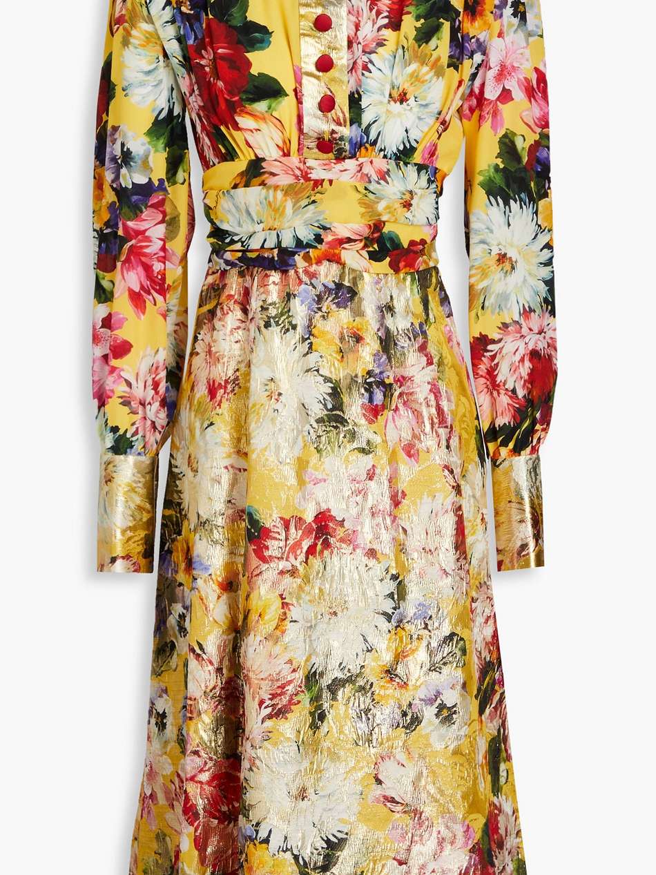 metallic floral-print silk-blend brocade and crepe midi shirt dress
