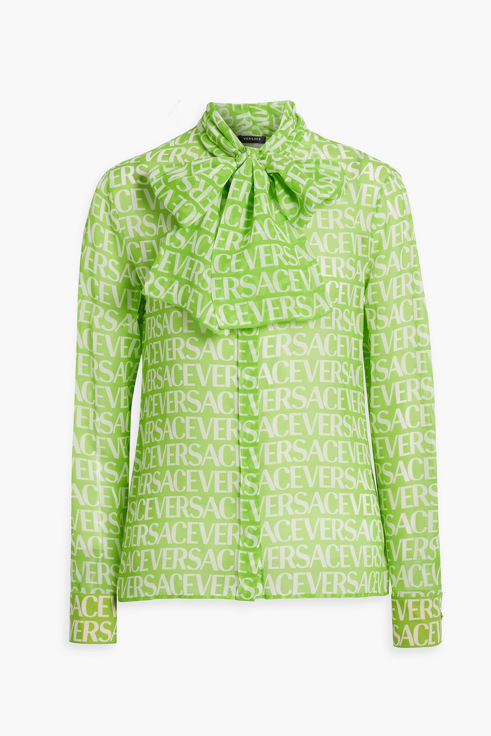 Shop Versace Pussy-bow Logo-print Silk-crepe De Chine Top In Lime Green