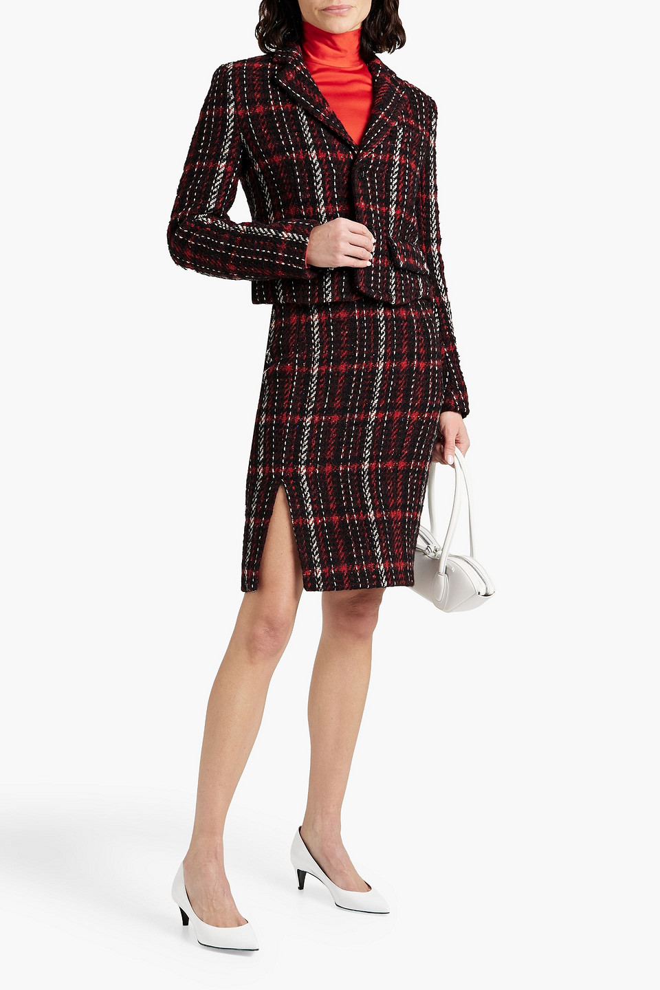 Shop Marni Checked Wool-blend Tweed Skirt In Red