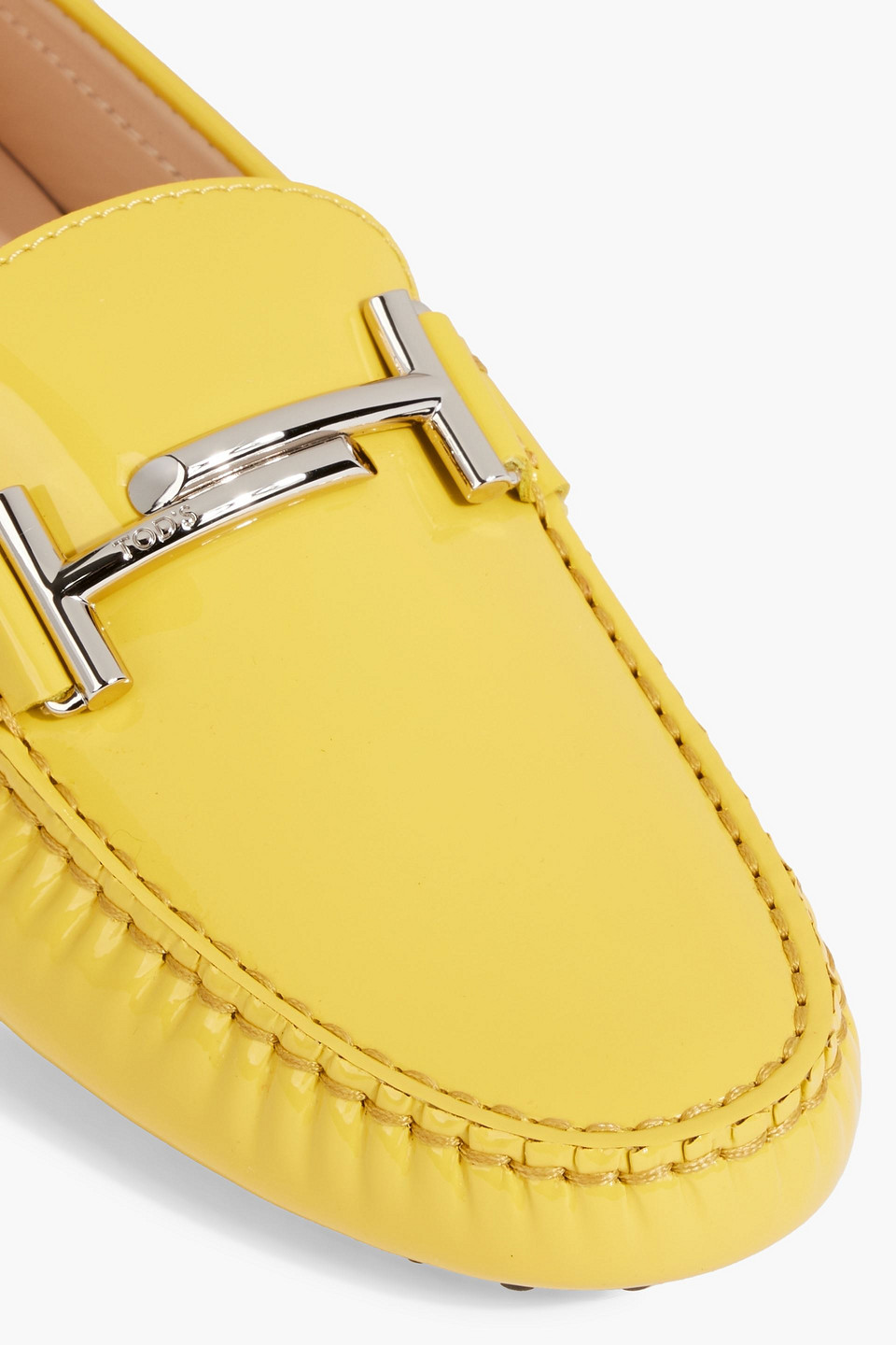 Shop Tod's Double T Patent-leather Loafers In Yellow