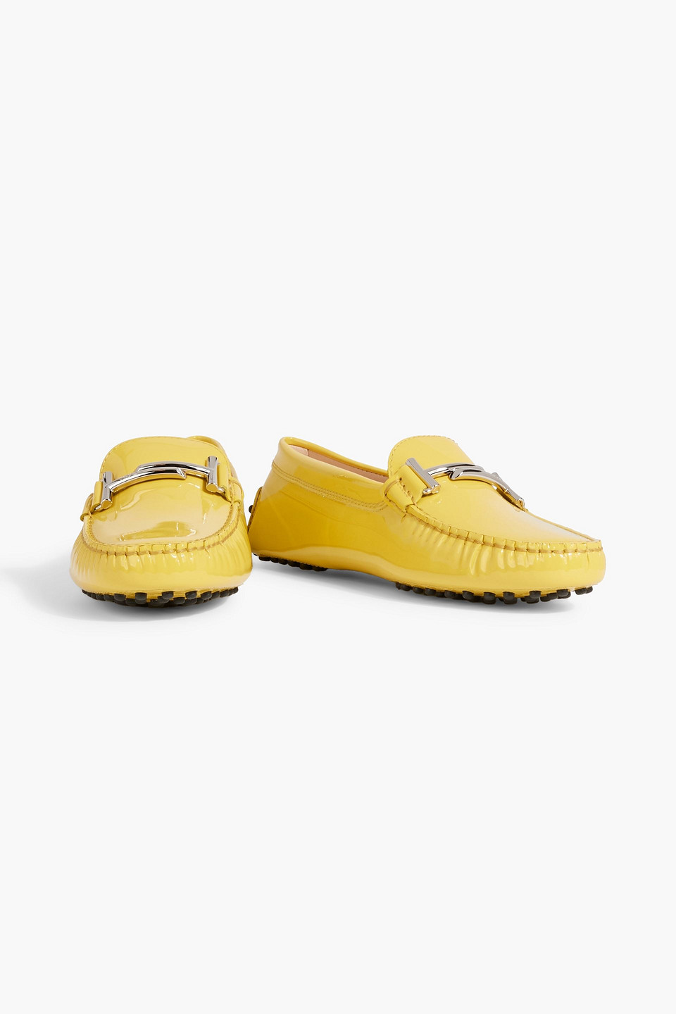 Shop Tod's Double T Patent-leather Loafers In Yellow