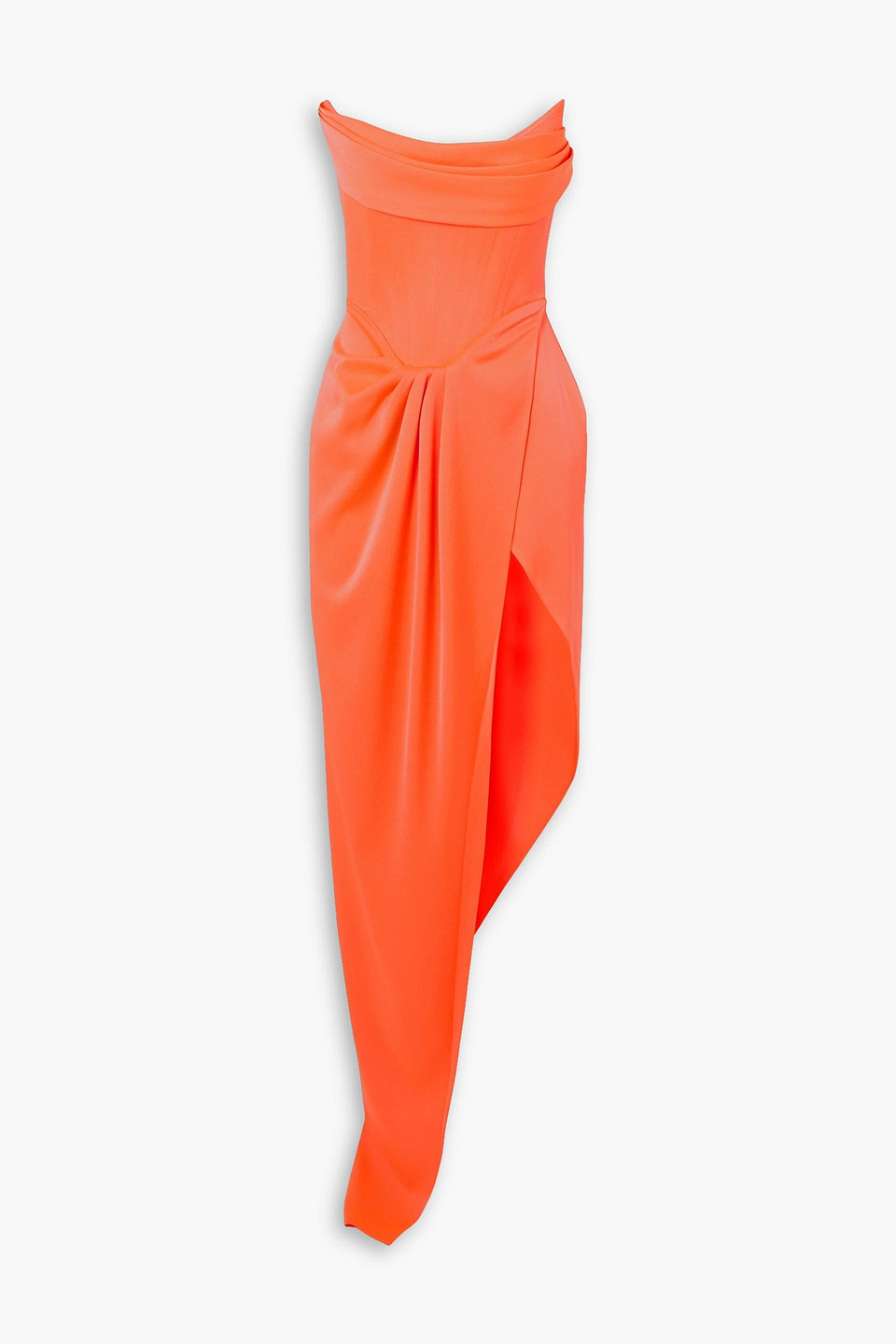 Shop Alex Perry Harland Strapless Asymmetric Draped Satin-crepe Gown In Orange