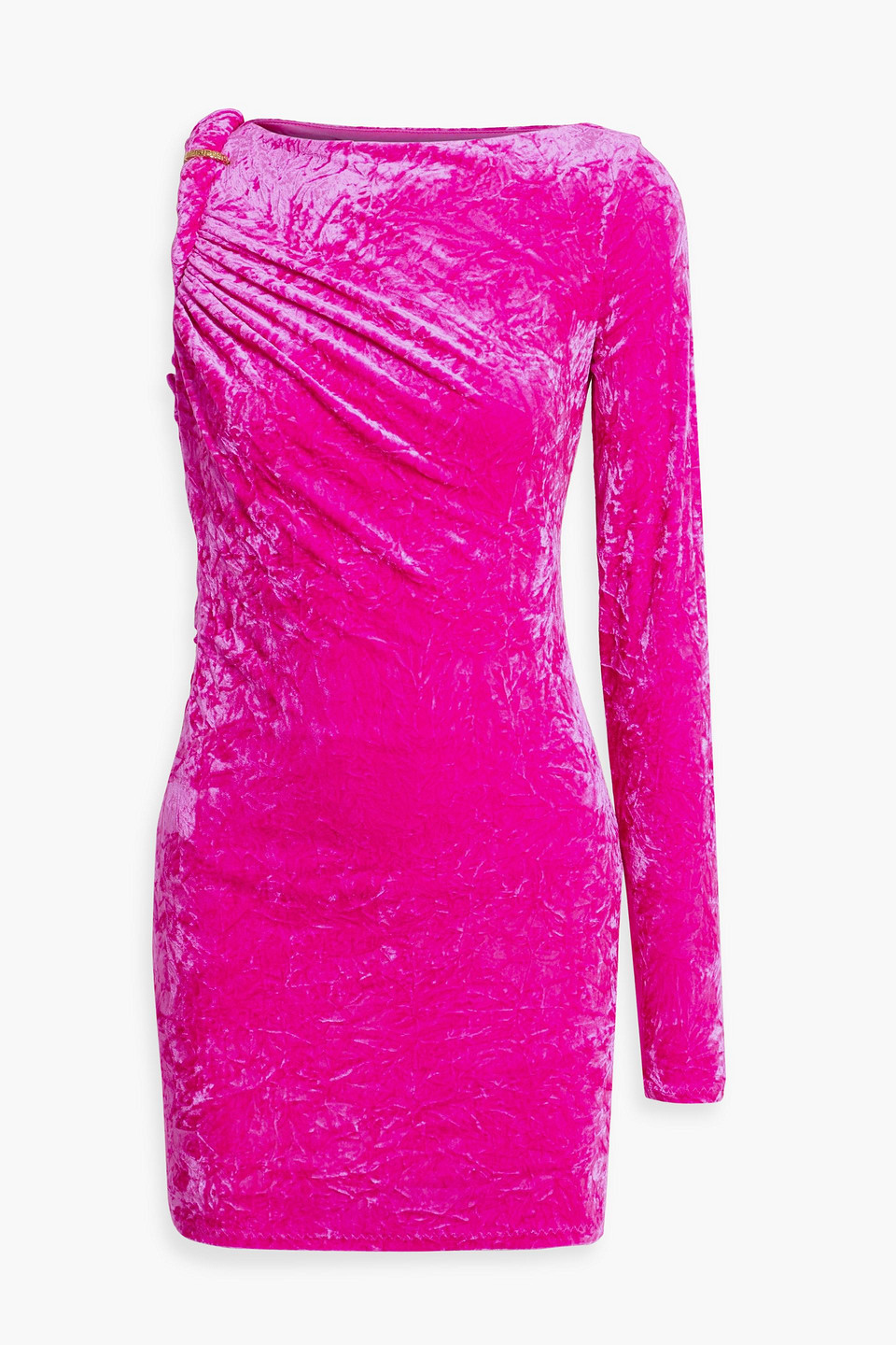 Shop Versace One-sleeve Cutout Crushed-velvet Mini Dress In Bright Pink