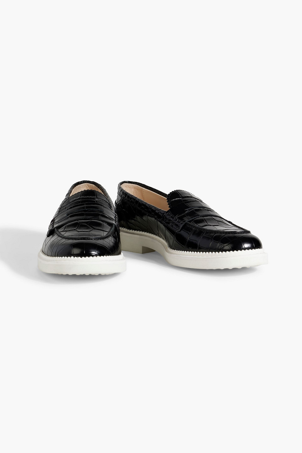 Shop Tod's Croc-effect Leather Loafers In Black