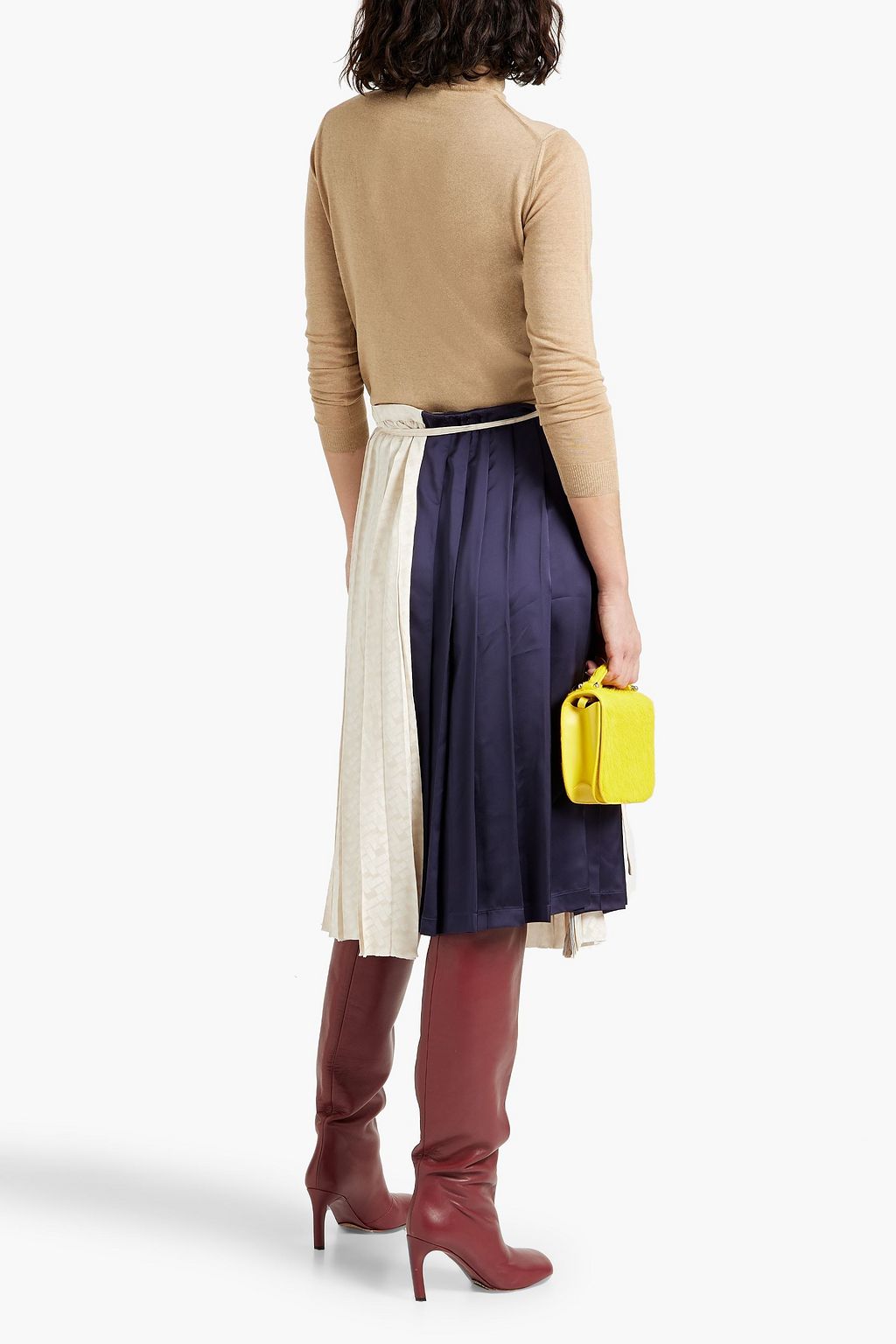 MARNI Pleated satin and jacquard midi wrap skirt