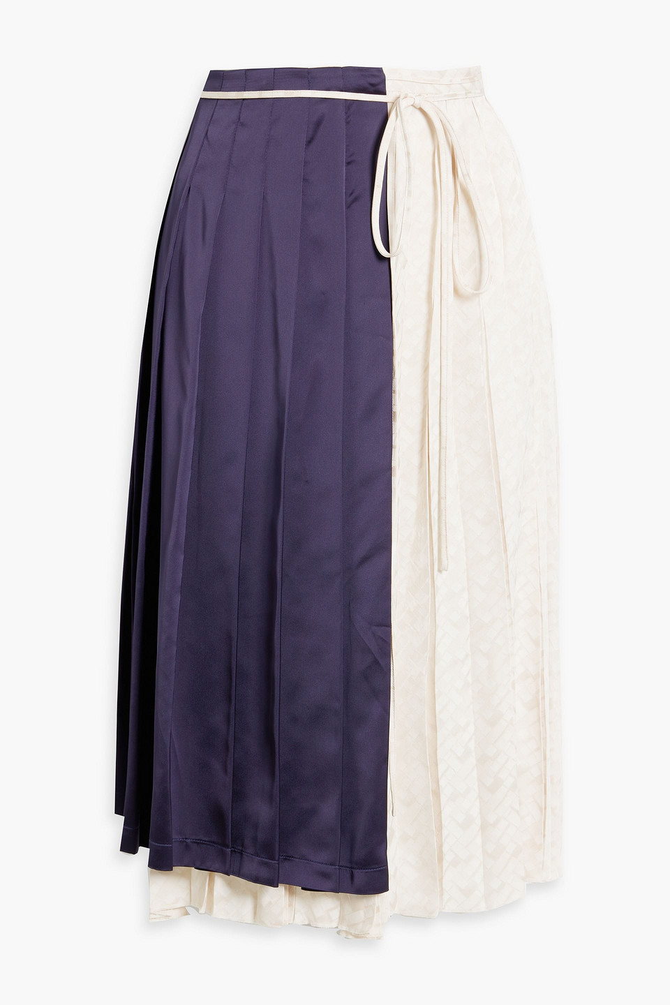 Marni Pleated Satin And Jacquard Wrap Skirt In Navy