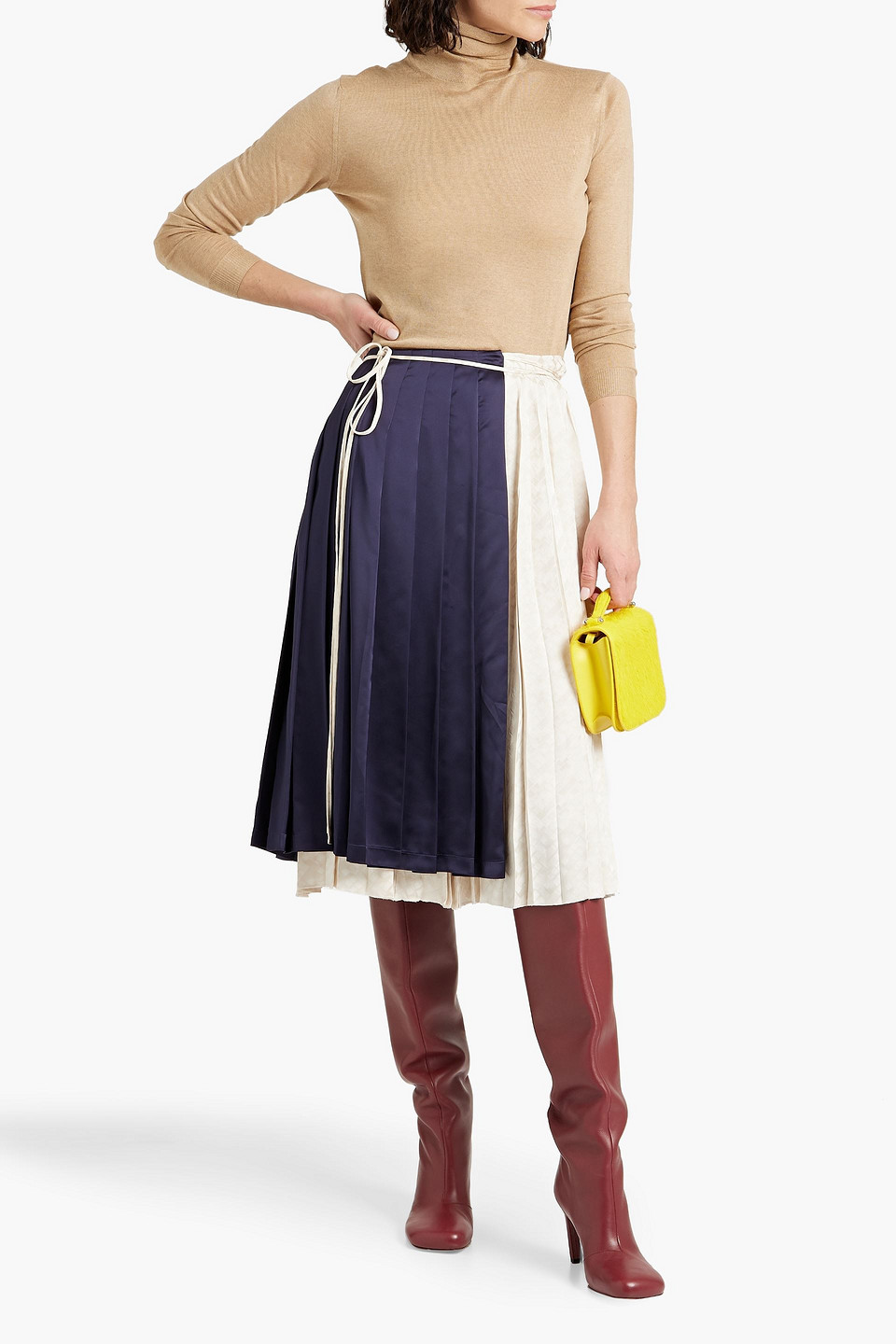 Shop Marni Pleated Satin And Jacquard Midi Wrap Skirt In Navy