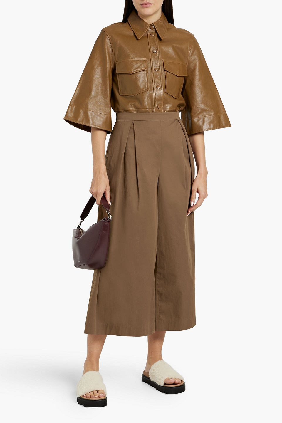 Vince Pleated Cotton-poplin Culottes In Light Brown