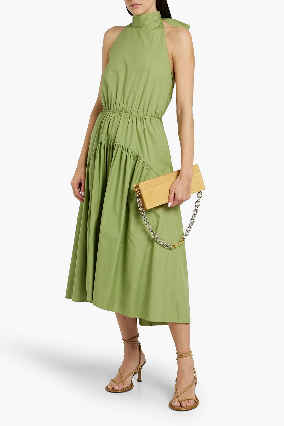 Shop Vince Cotton-poplin Halterneck Midi Dress In Leaf Green