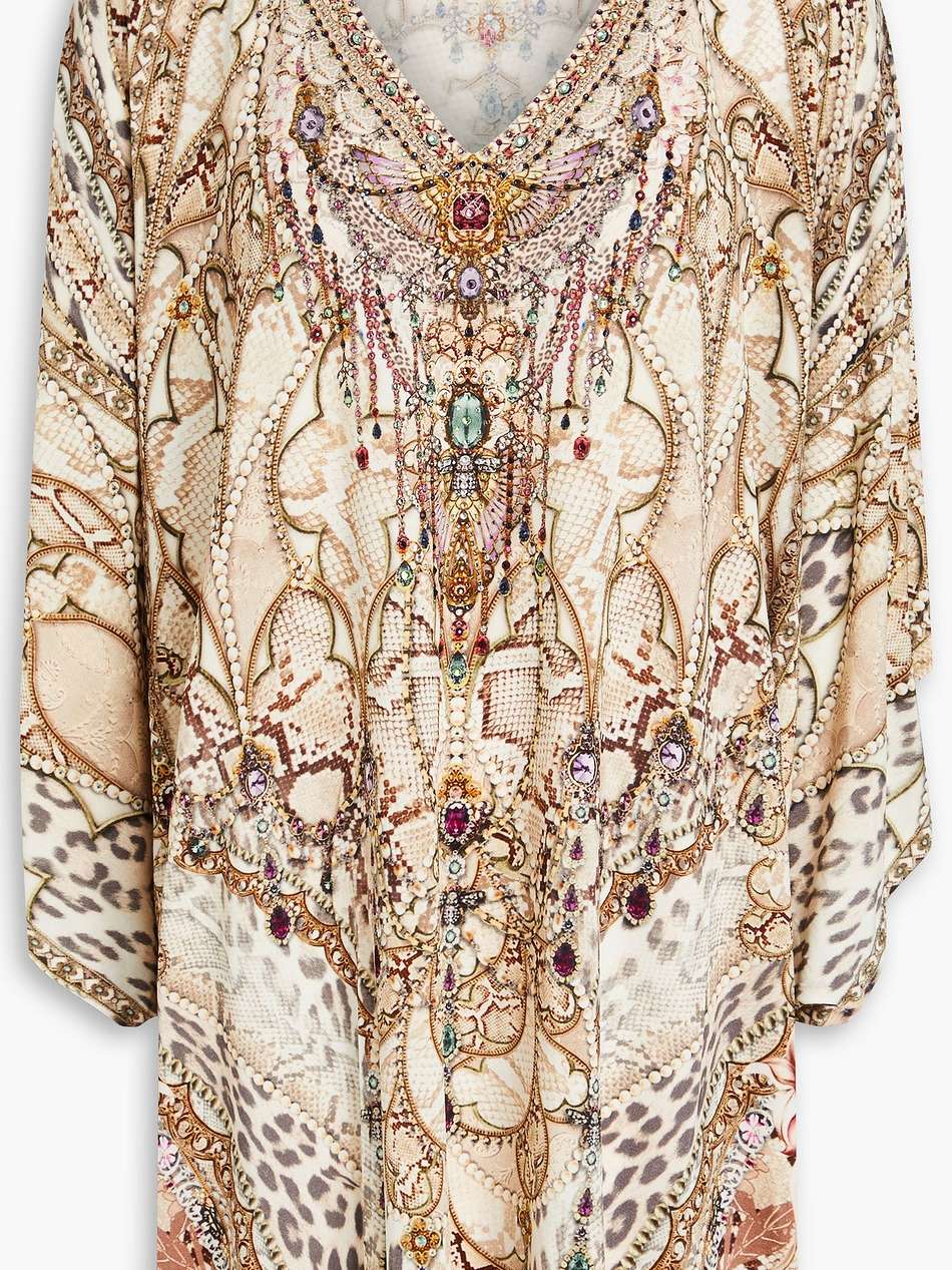 crystal-embellished printed jersey mini dress