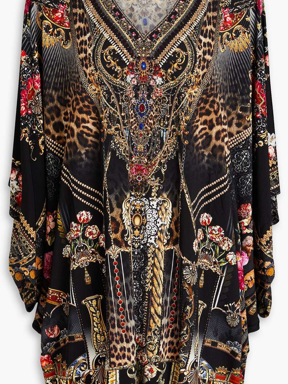 crystal-embellished printed jersey mini dress