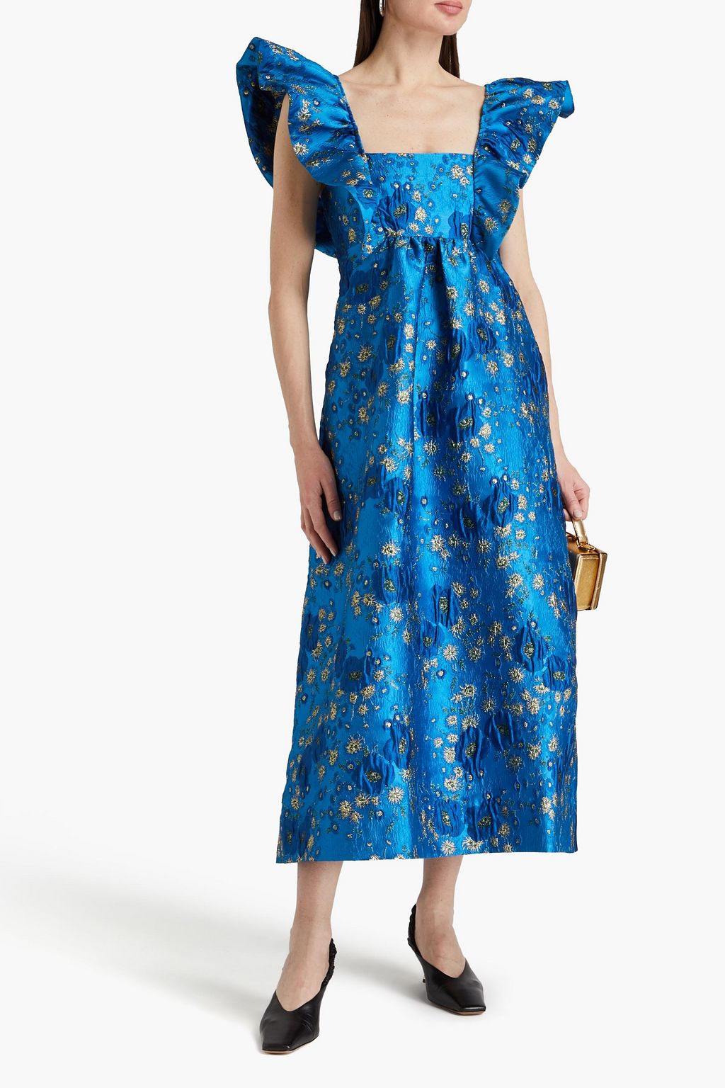 GANNI Gathered metallic cloqué midi dress
