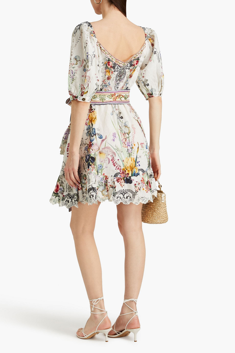 Shop Camilla Embellished Floral-print Linen Mini Wrap Dress In Off-white