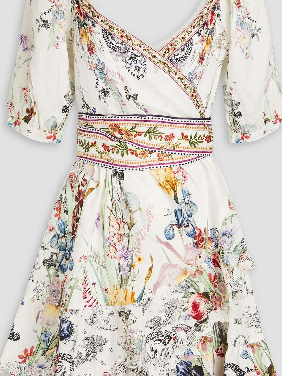 embellished floral-print linen mini wrap dress