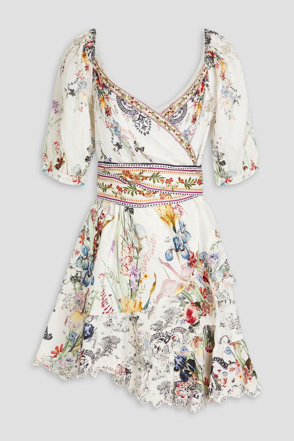 Camilla Embellished Floral-print Linen Mini Wrap Dress In Off-white