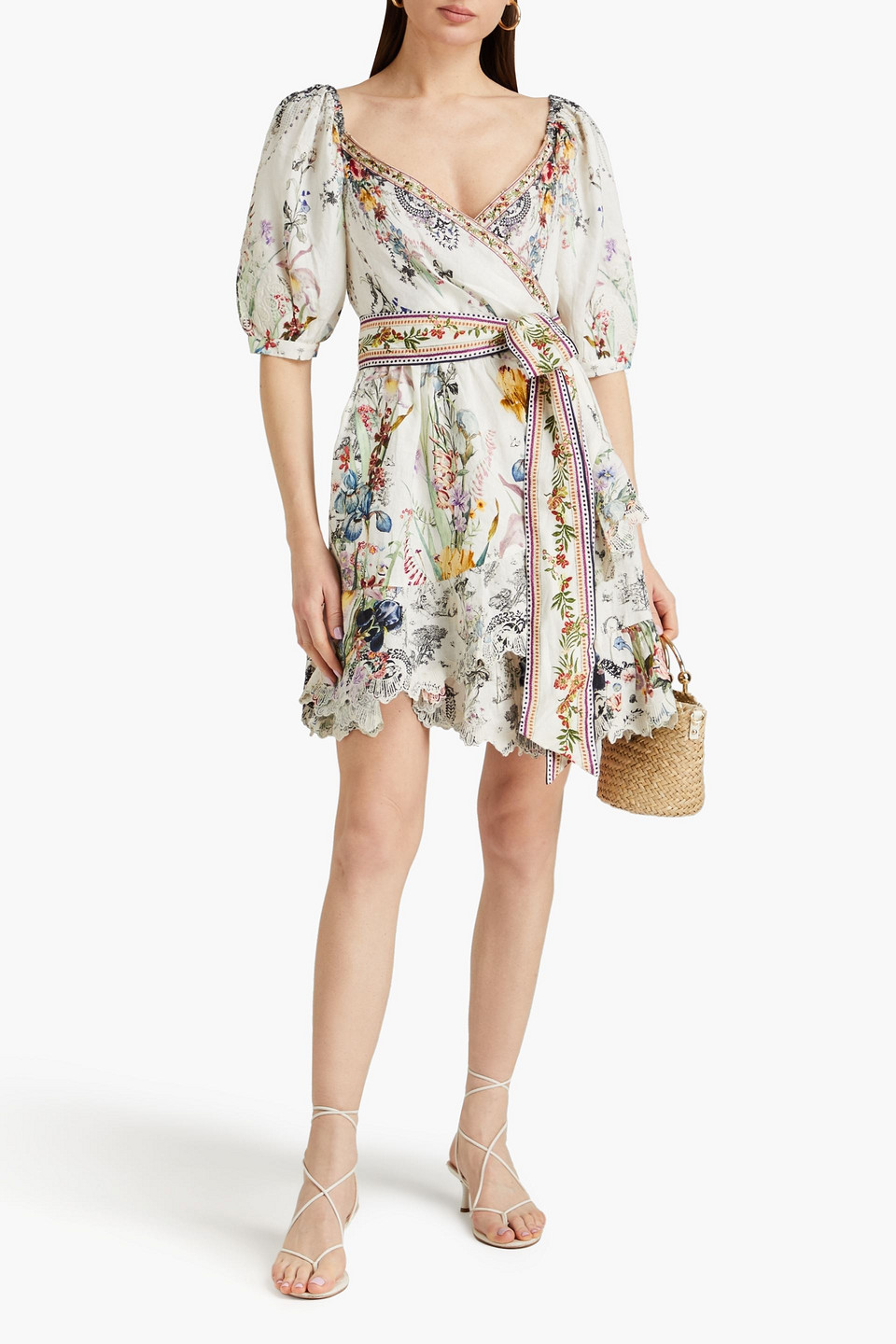 Shop Camilla Embellished Floral-print Linen Mini Wrap Dress In Off-white