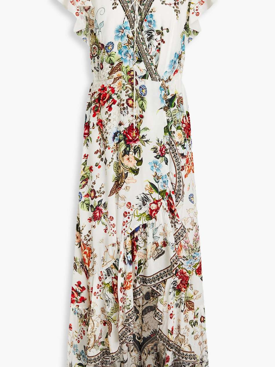embellished floral-print silk crepe de chine maxi wrap dress