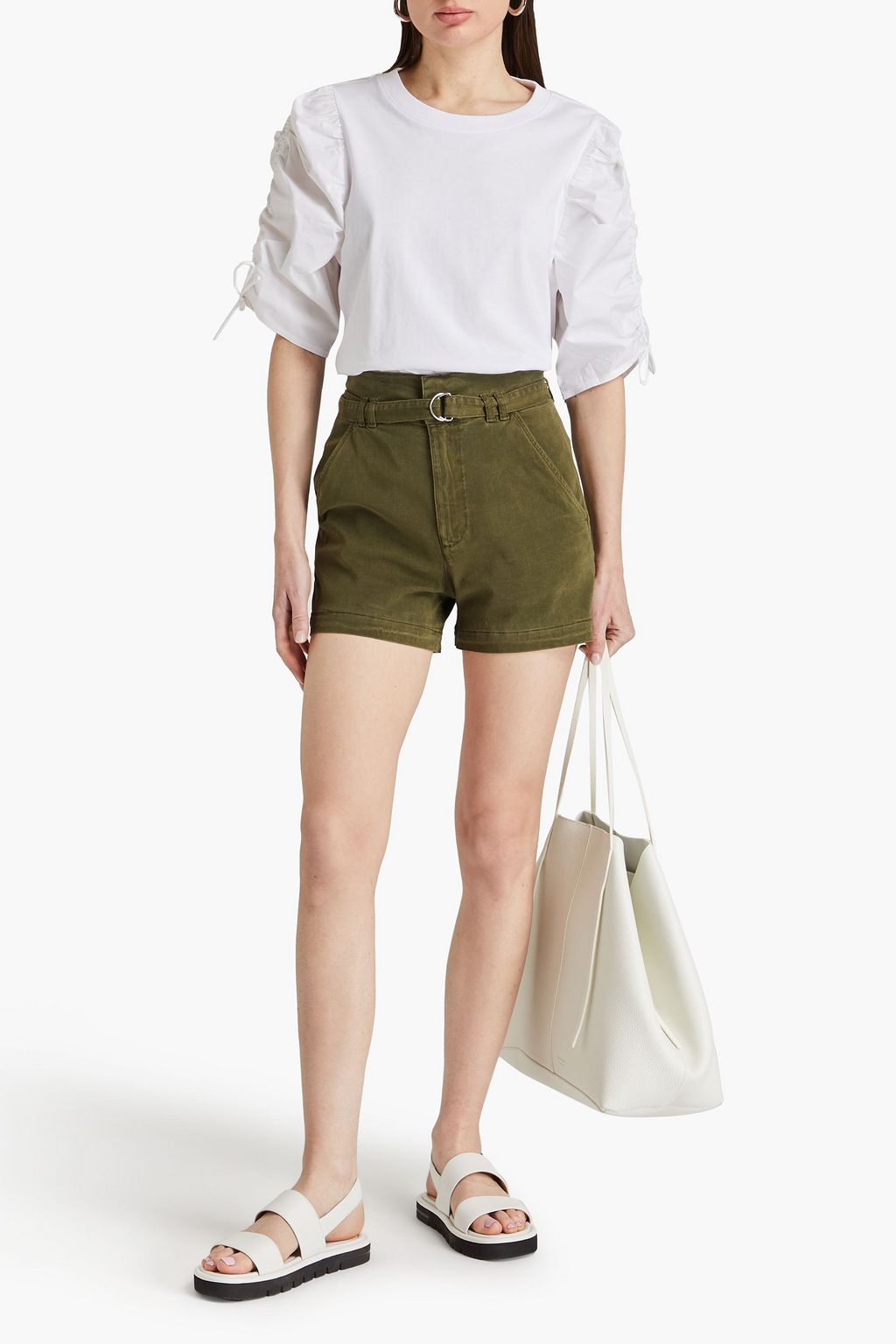 FRAME Ruched cotton-jersey and poplin T-shirt
