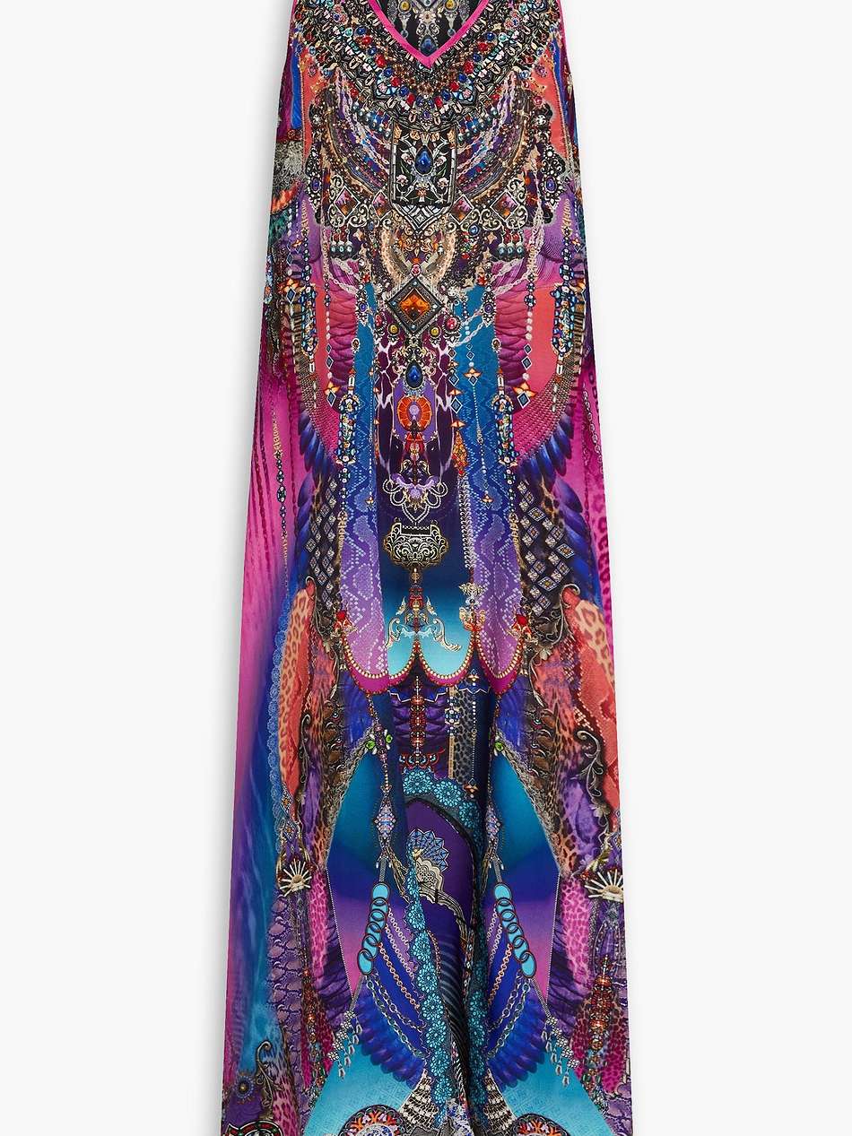 crystal-embellished printed silk crepe de chine maxi dress