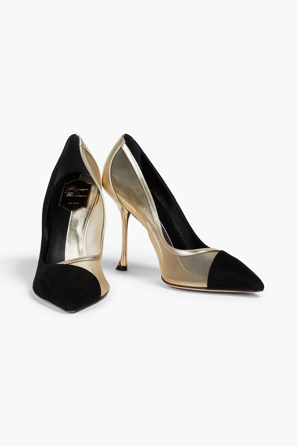 ROGER VIVIER Vivier 100 tulle-paneled suede pumps