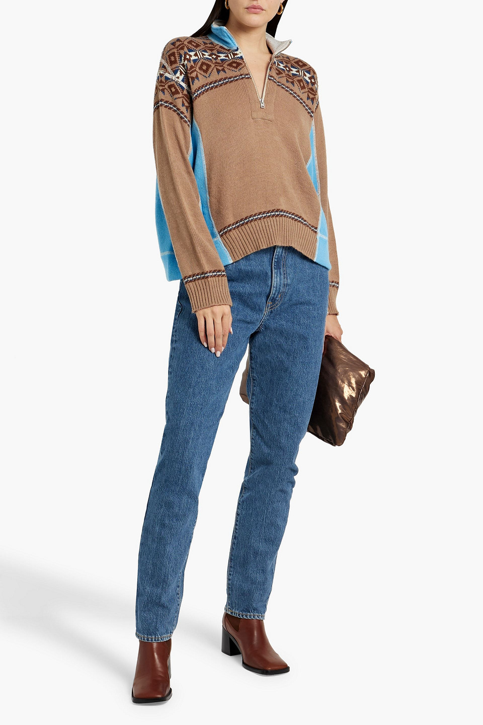 Re/done 80s Fair Isle Knitted Half-zip Sweater In Taupe