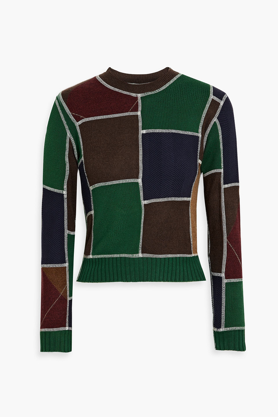 Re/done 60s Patchwork-effect Wool And Cotton-blend Sweater In Forest Green