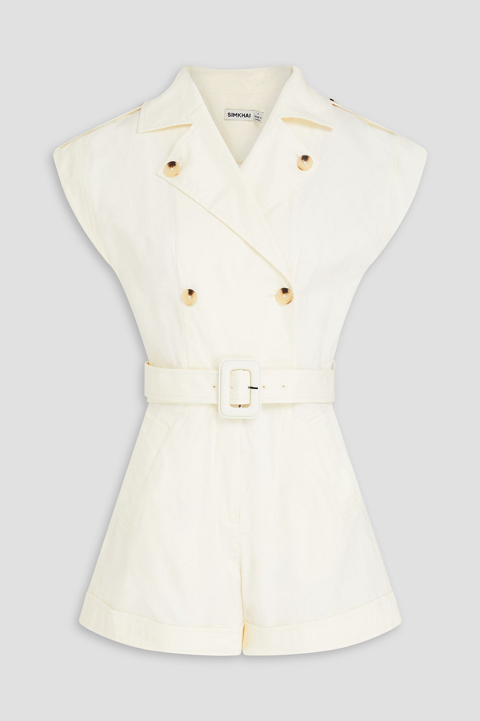 Simkhai Vega Belted Stretch Cotton Twill Romper In Natural White