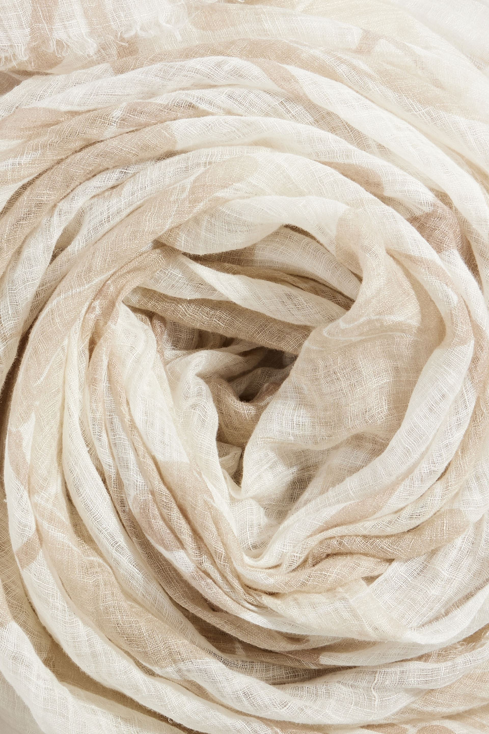 Shop Brunello Cucinelli Frayed Printed Linen Scarf In Beige