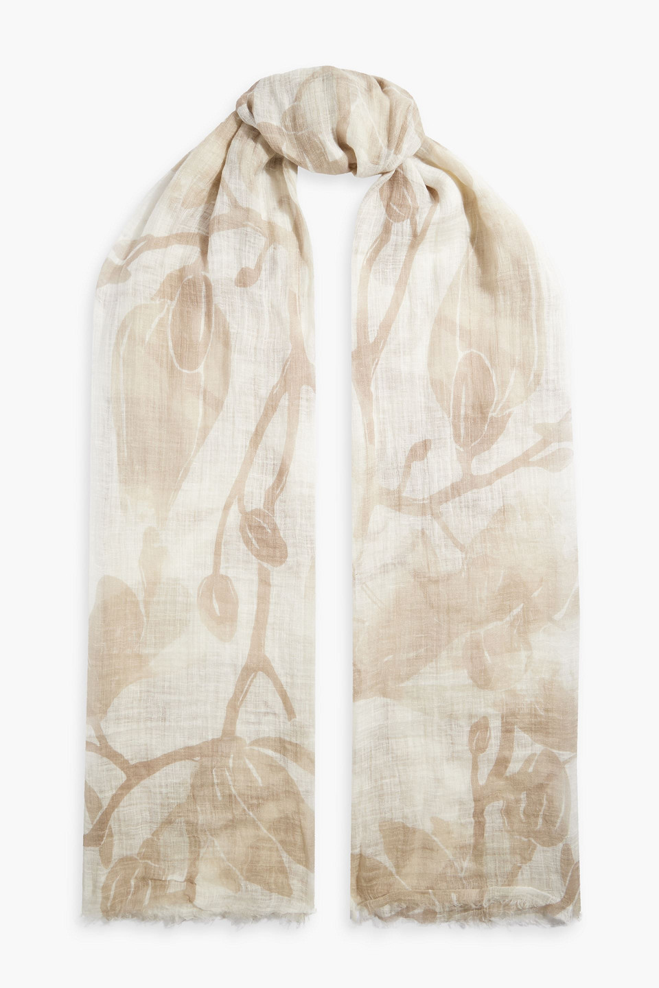 Brunello Cucinelli Frayed Printed Linen Scarf In Beige