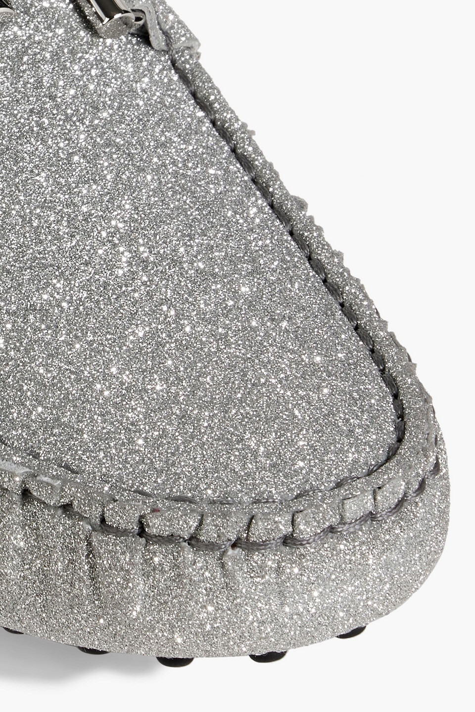 Tod's Double T Glittered Suede Loafers In Silver