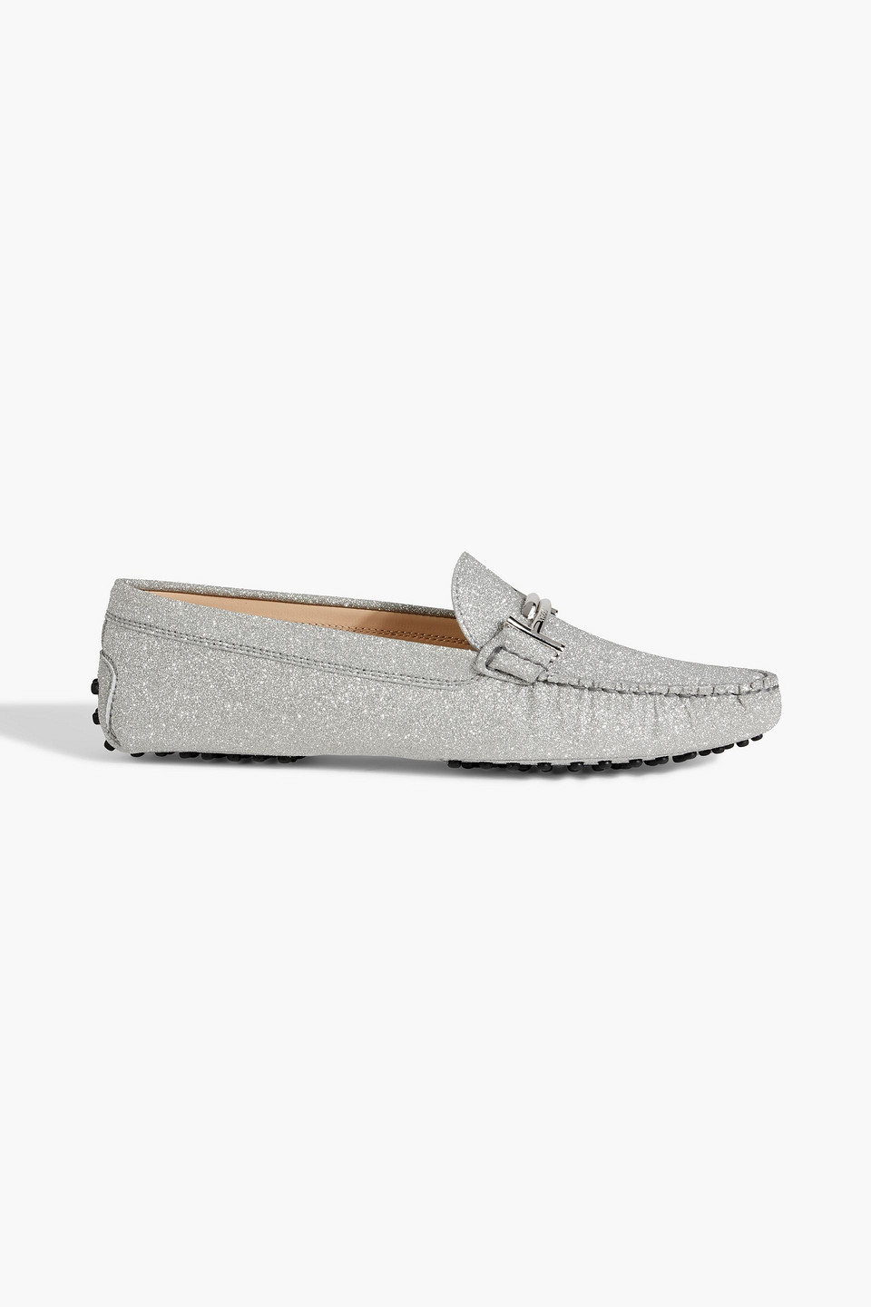Tod's Double T Glittered Suede Loafers In Silver