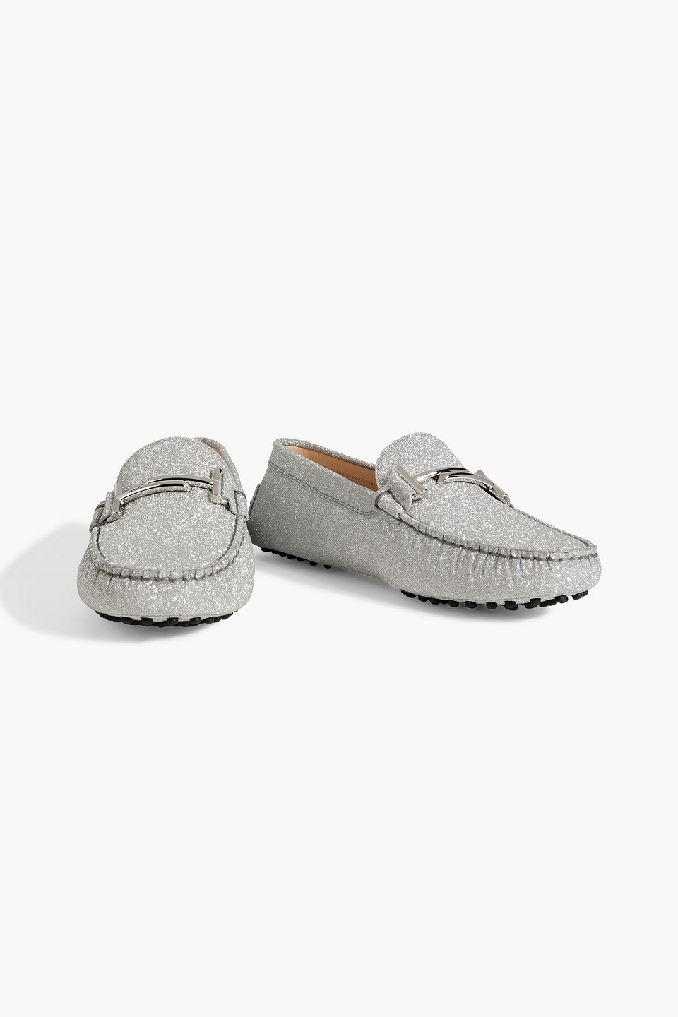 Tod's Double T Glittered Suede Loafers In Silver
