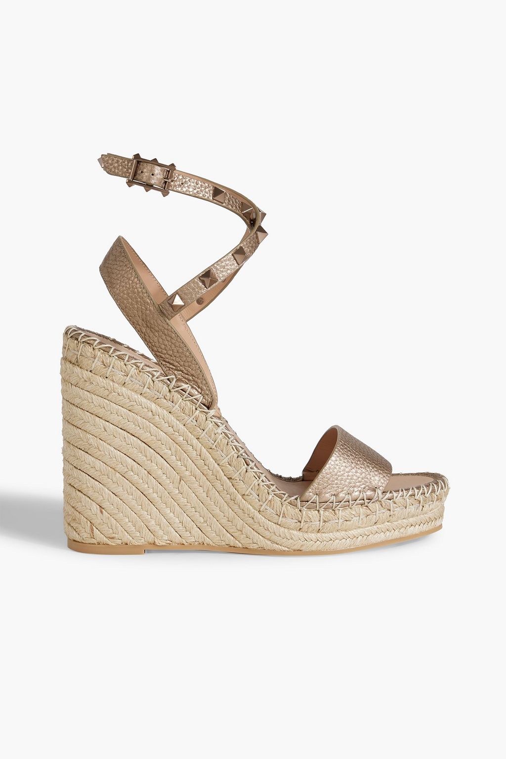 VALENTINO GARAVANI Rockstud metallic pebbled-leather espadrille wedge ...