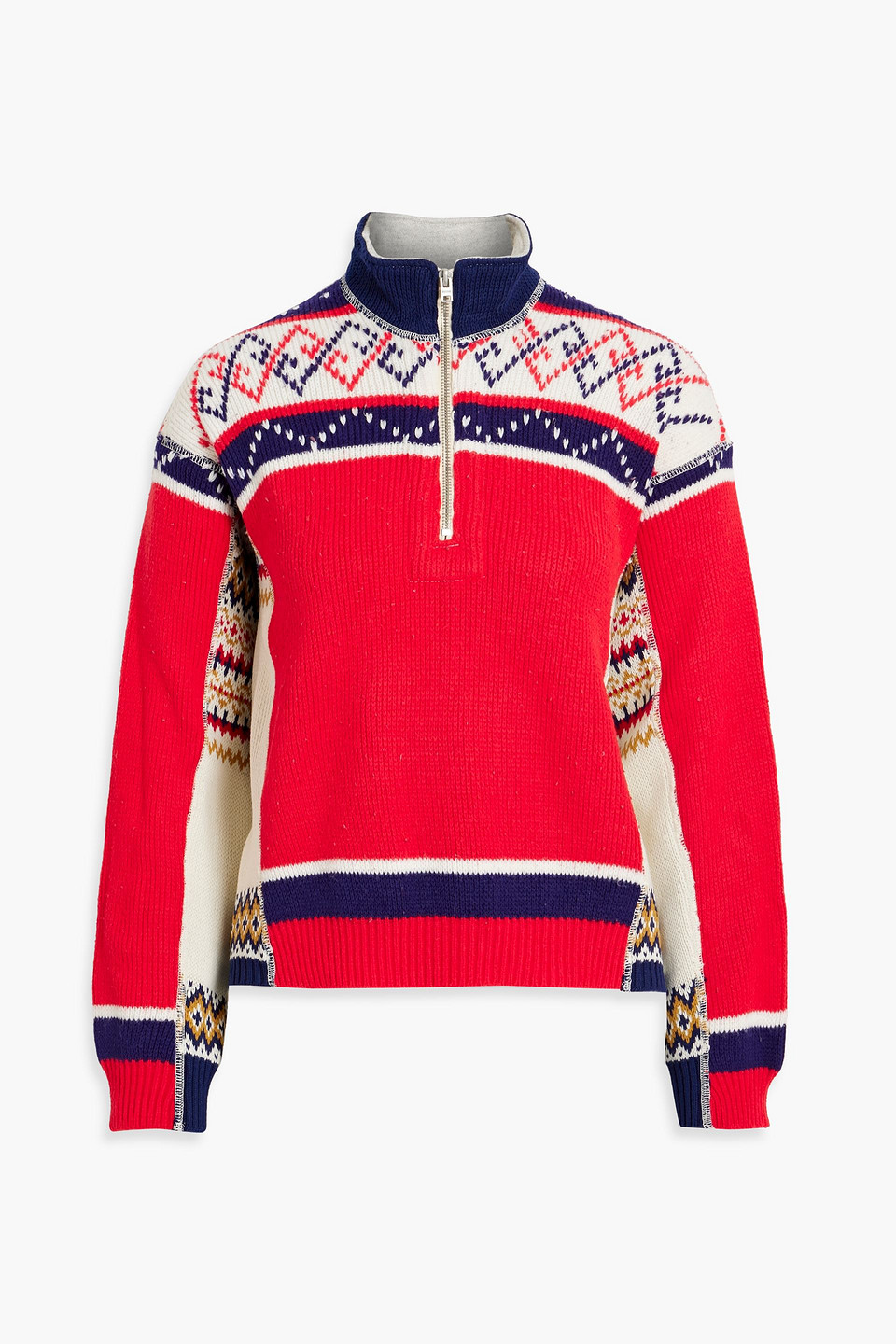 Re/done 80s Patchwork-effect Fair Isle Knitted Half-zip Sweater In Red